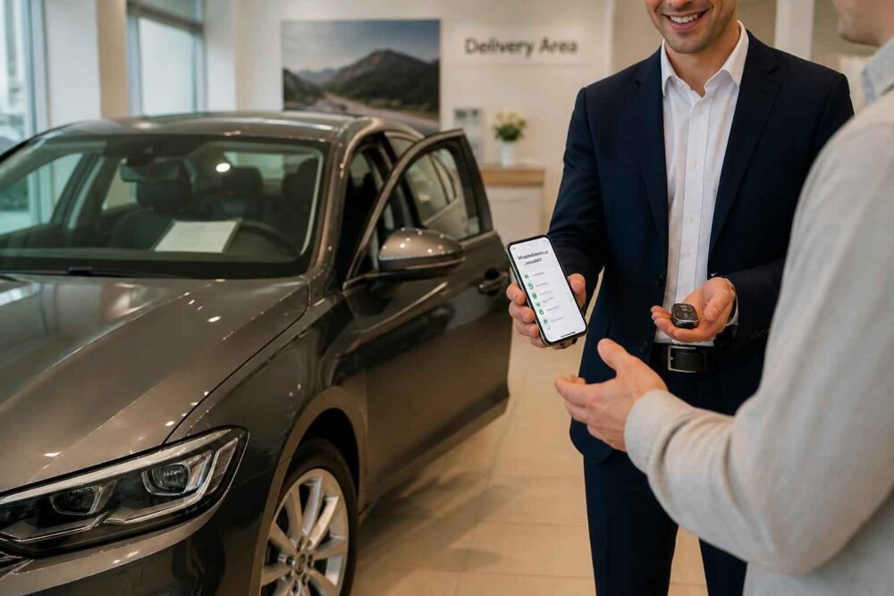 Mężczyzna przekazuje kluczyki do nowego samochodu w salonie dealerskim